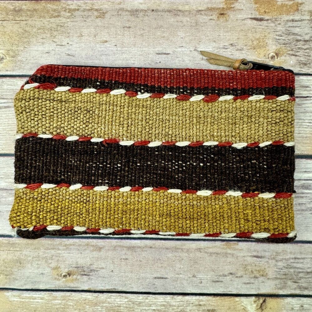 Women’s Vintage Brown Orange Kilim Wool Pouch Makeup Bag Clutch Purse